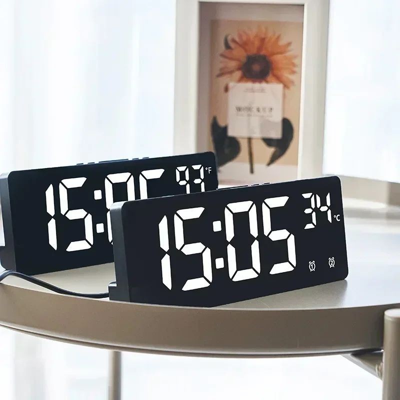 Digital LED Alarm Clock with Temperature Display Home Desktop Clock Snooze Time gallery