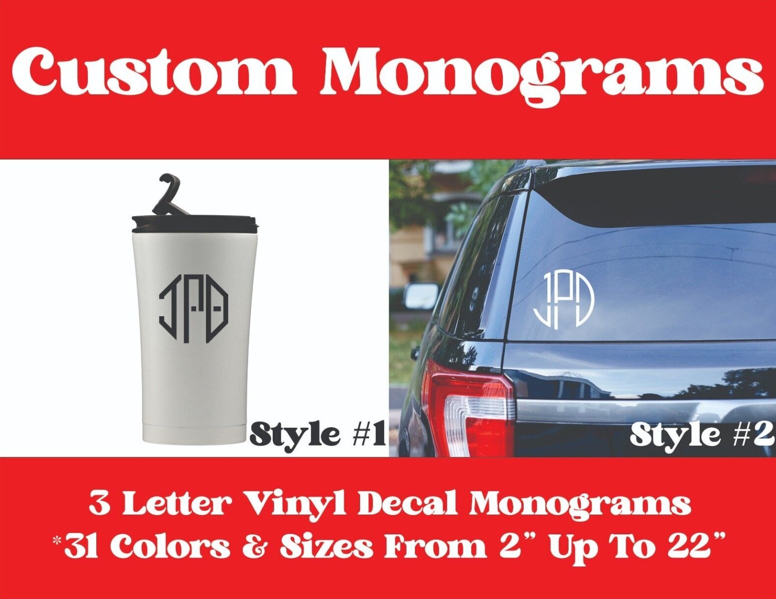 Custom Monogram Vinyl Decals Transfer Stickers 2 Styles *31 Colors Lots Of Sizes gallery