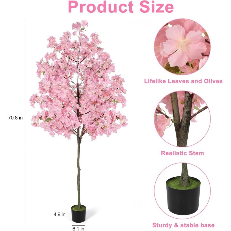 4/6FT Tall Cherry Blossom Artificial Tree, Fake Tree w/Plastic Nursery Pot, Pink gallery