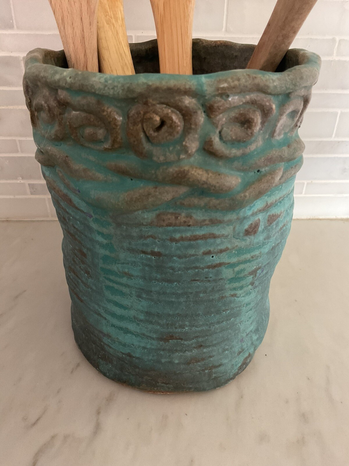 Turquoise Pottery Crock, Rustic Charm,Utensil Holder, Planter Pot gallery