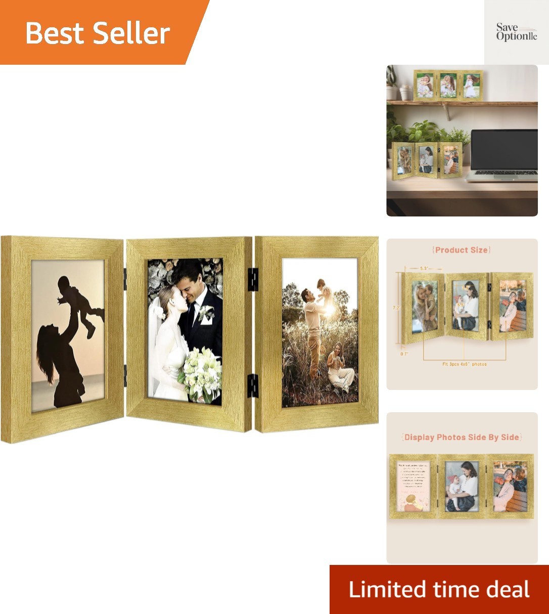 4x6 Three Picture Frame Trifold Hinged Photo Frame with 3 Openings, Desk Top ... gallery