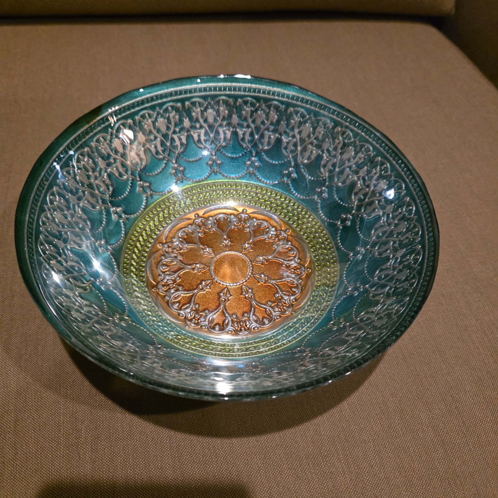 Topkapi Turkish Bowl Reverse Painted Teal Orange Silver Gold 7.5" gallery