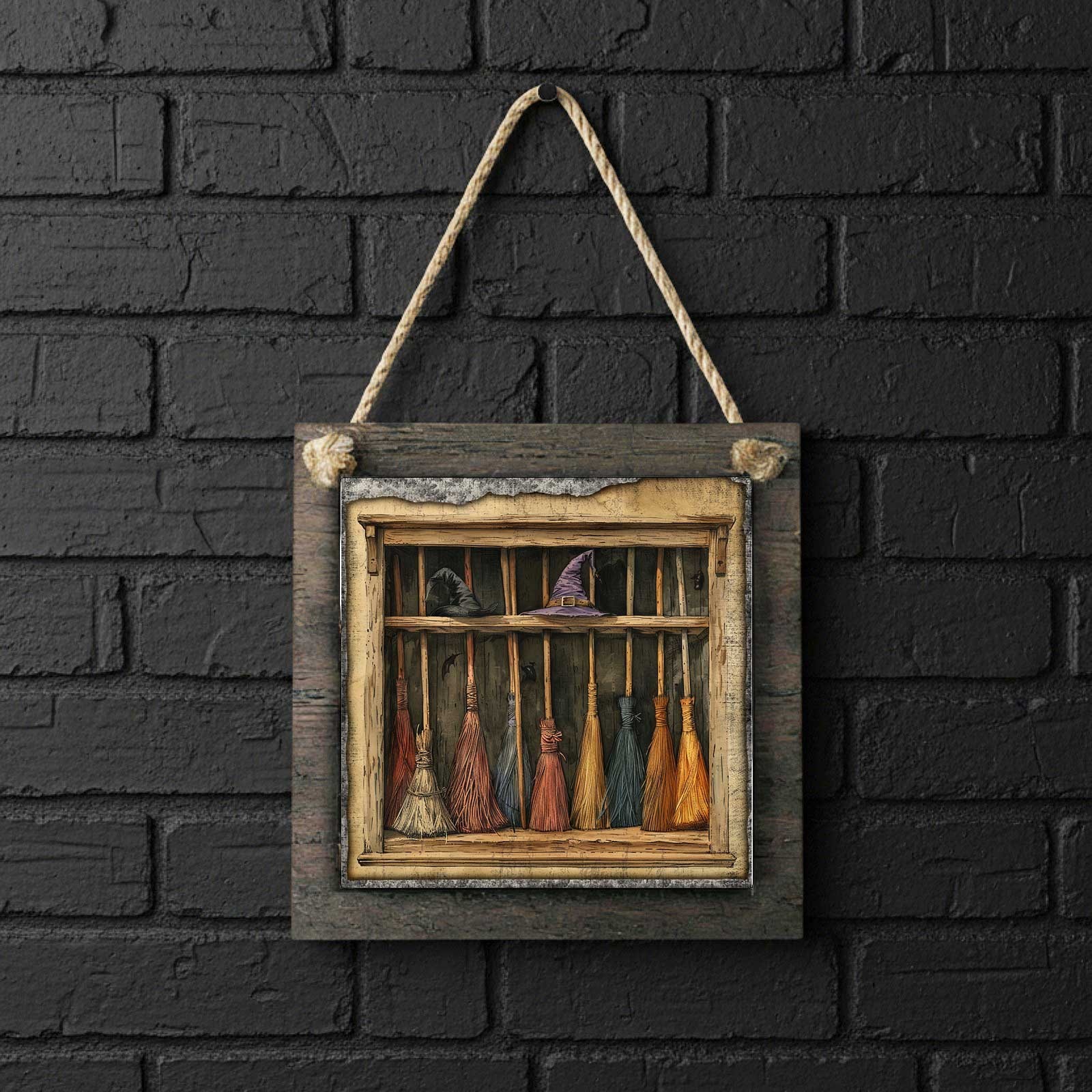 Wood Hanging Sign Halloween Brooms Witch Decor Spooky Wall Art 4.8 Inch gallery