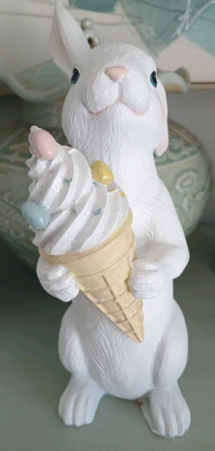White Bunny Rabbit Holding Ice Cream Figurine - Easter Decor -5" x 13"H gallery