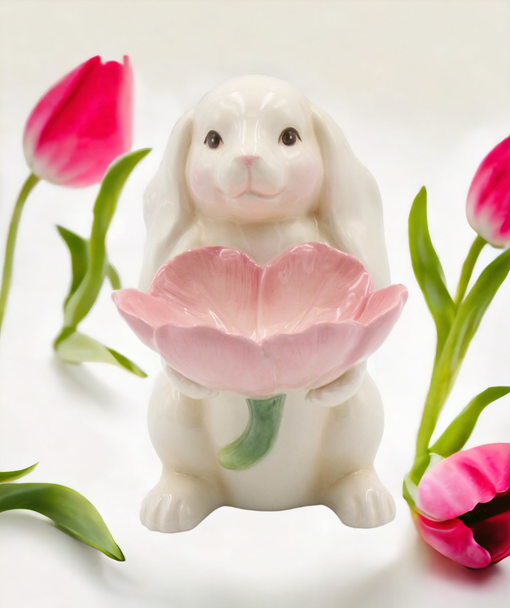 Springtime Bunnies: Easter Bunny Rabbit Holding Pink Flower Candy Dish, Spring D gallery