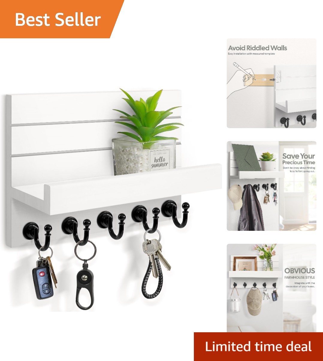 Easy Install Rustic Key and Mail Holder with 5 Durable Hooks - Wall Mounted gallery