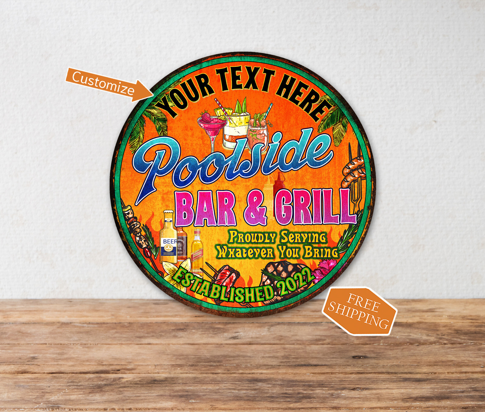 Personalized Pool Bar & Grill Decor Sign Tiki Paradise 14" Round 100142002016 gallery