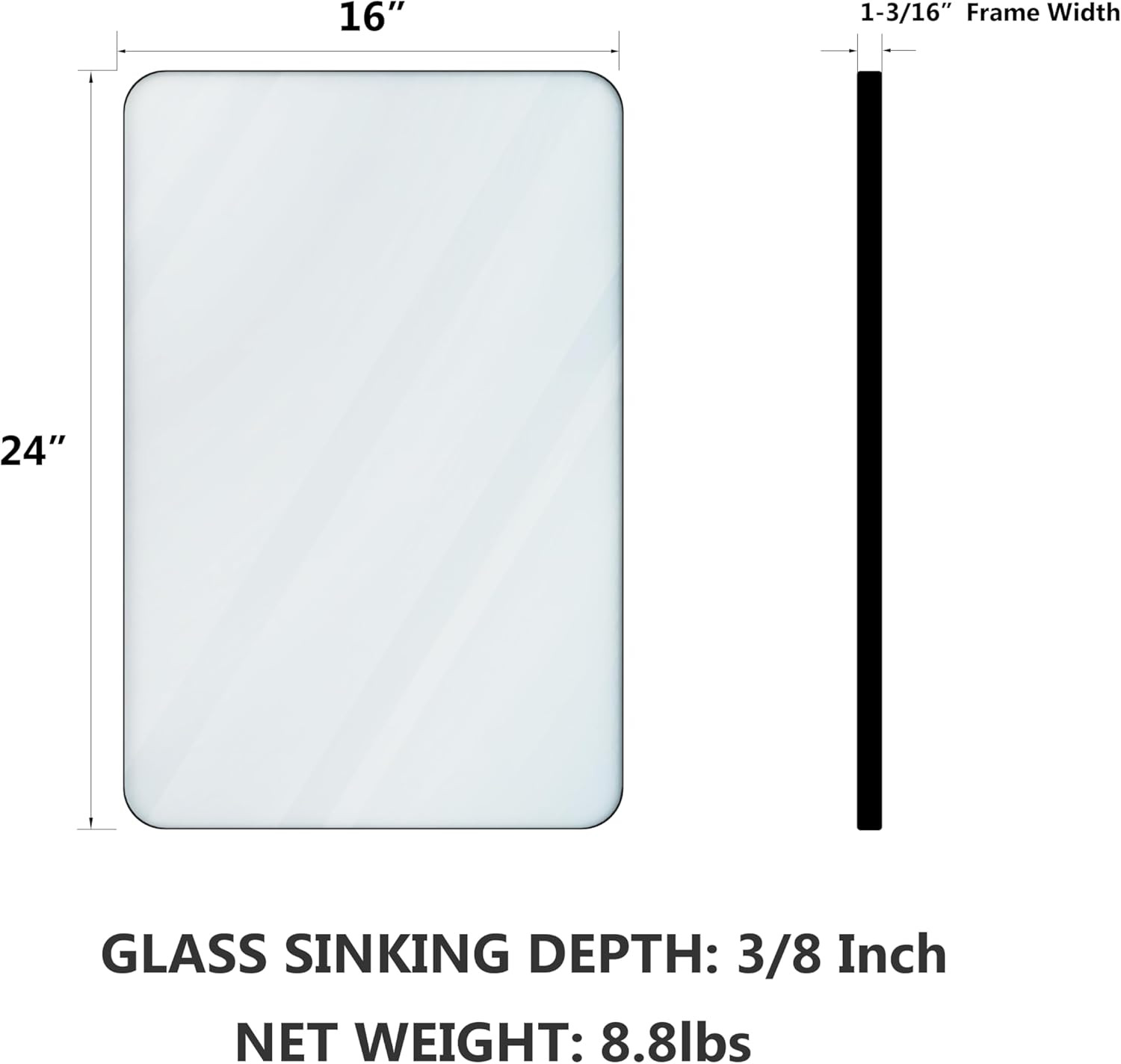 Matte Black Rounded Rectangle Bathroom Mirror, 16x24 Inch, Shatterproof Glass gallery
