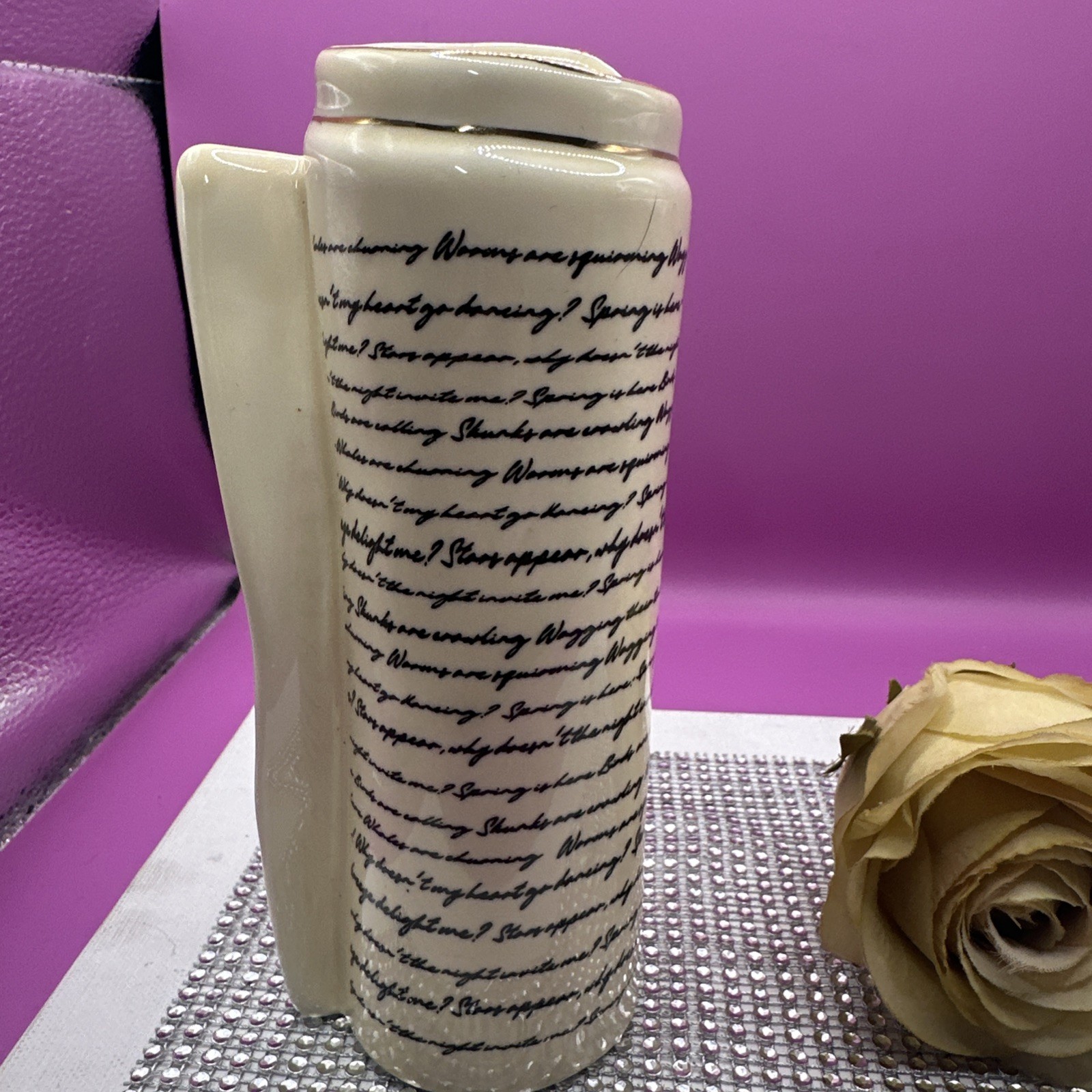 Ceramic Vase Script Scroll Design Gold Accent on Rim Beautiful! gallery