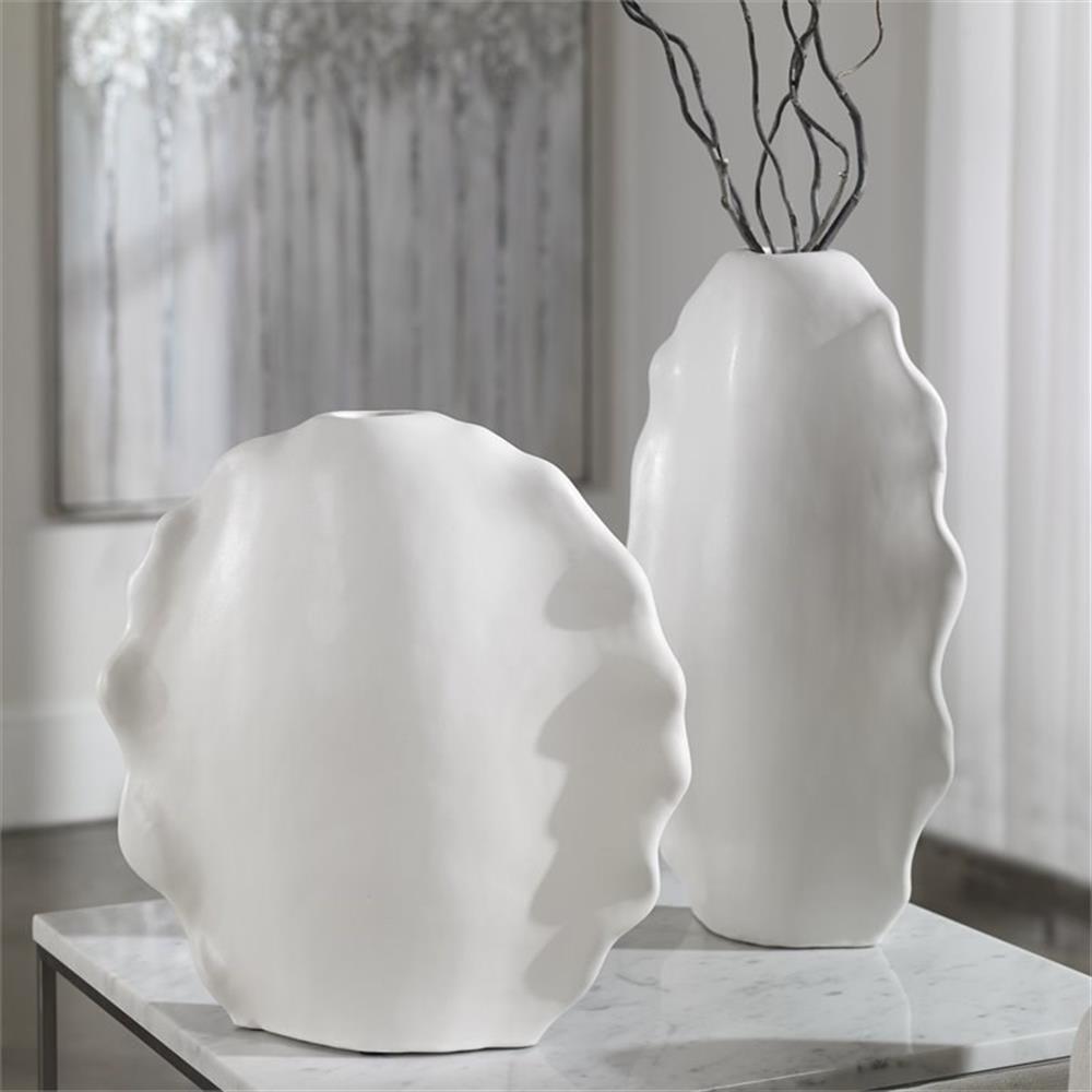 Uttermost Ruffled Coastal Earthenware Feathers Vases in Matte White (Set of 2) gallery
