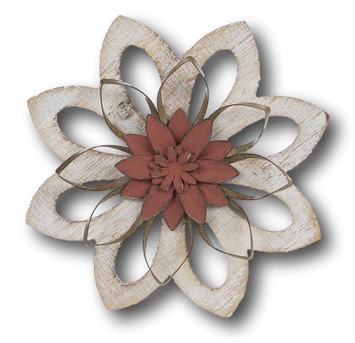 Distressed Whitewashed Rustic Red Flower Metal Wood Wall Decor 10 Inch gallery