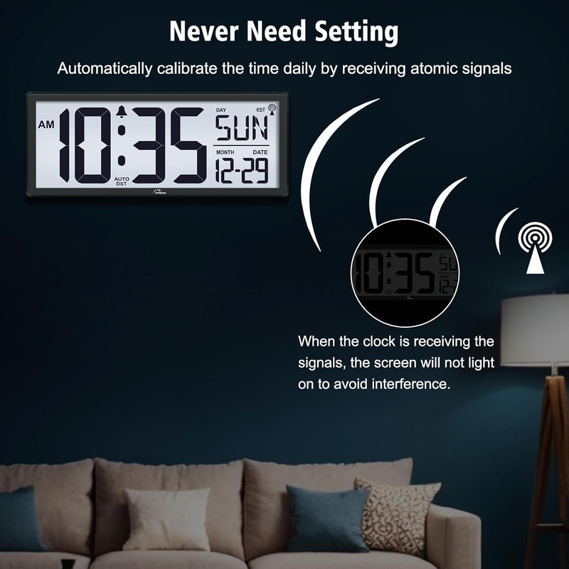 Digital Wall Clock with Atomic Accuracy Large Display Indoor Temperature gallery
