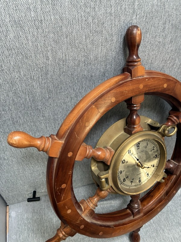 24 In. Ship Wheel Wall Quartz Clock - Brass & Wood [FUNCTIONAL] gallery