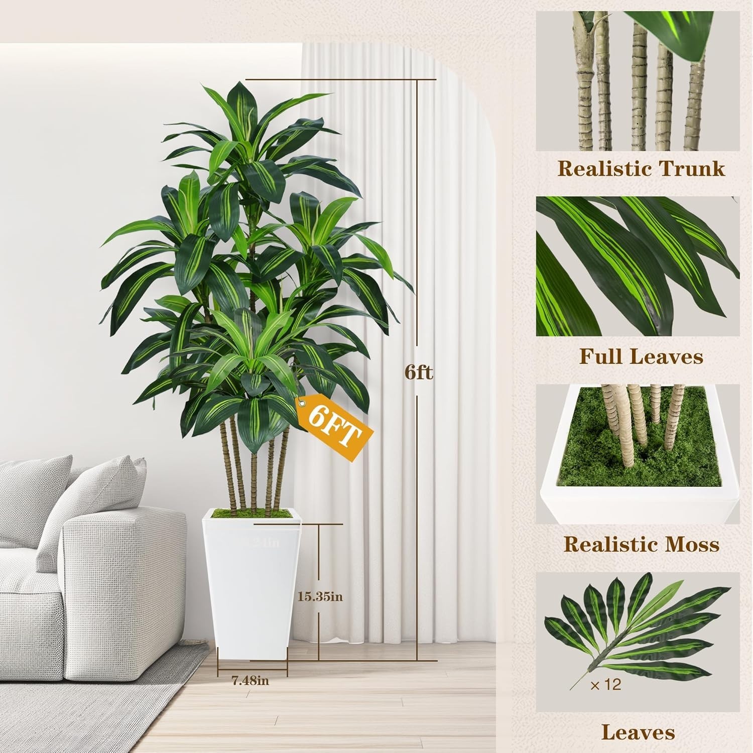 6FT Artificial Dracaena Tree, Fake Tree Indoor with White Tall Planter gallery