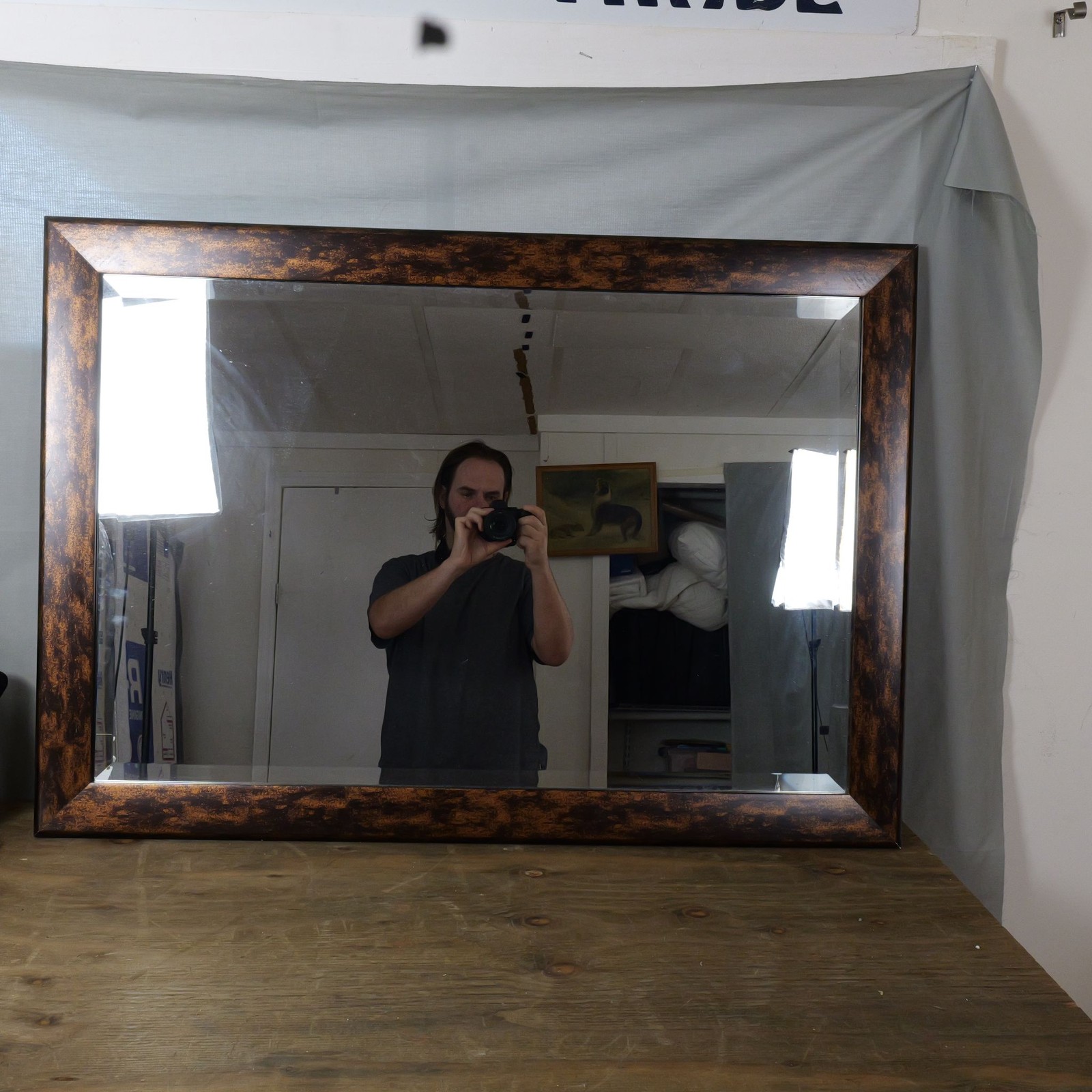 Large Rectangular Wall Mirror Brown Copper Mottled Frame Beveled Glass with Wire gallery
