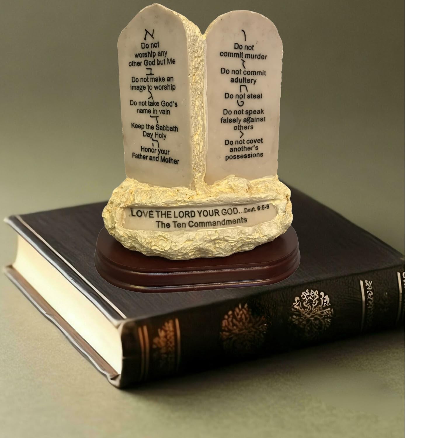 Ten Commandments Tabletop Decor Stone Replica Statue with Scripture On Wood B... gallery