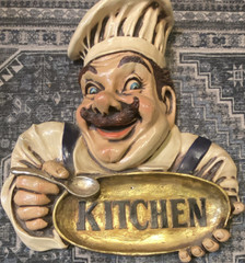 Chef Kitchen Decorative Wall Plaque Sign, Painted Resin, Gold Beige Blue, Horiz
