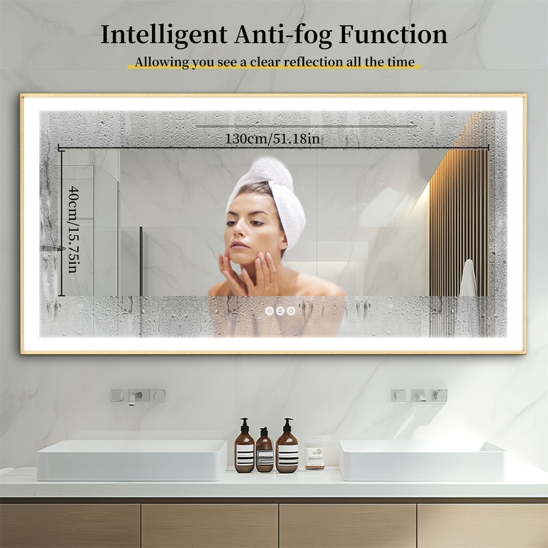 Overlength Rectangle LED Lighted Bathroom Vanity Mirror Gold Frame Touch Antifog gallery
