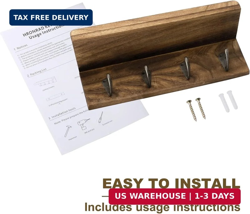 HRONRAD Rustic Key Holder for Wall, Farmhouse Wall Shelf with 4 Hooks, Wall Moun gallery