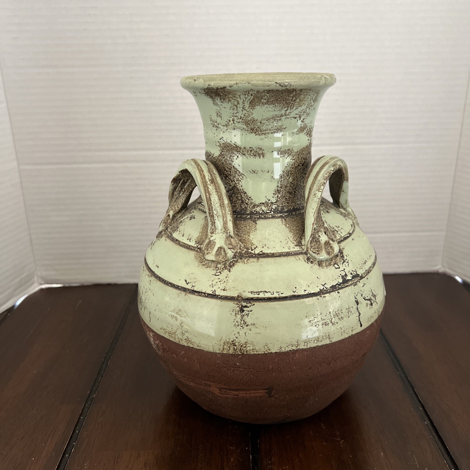 Rustic 2Tone CeramicDecor Vase W/Celadon Style Glaze &Terracotta Base W/3Handles gallery