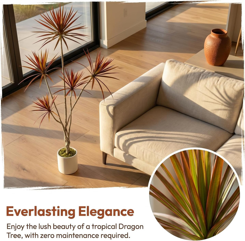 Artificial Dracaena marginata Tree, 6ft Tall Tropical Faux Tree | Rust Red Folia gallery