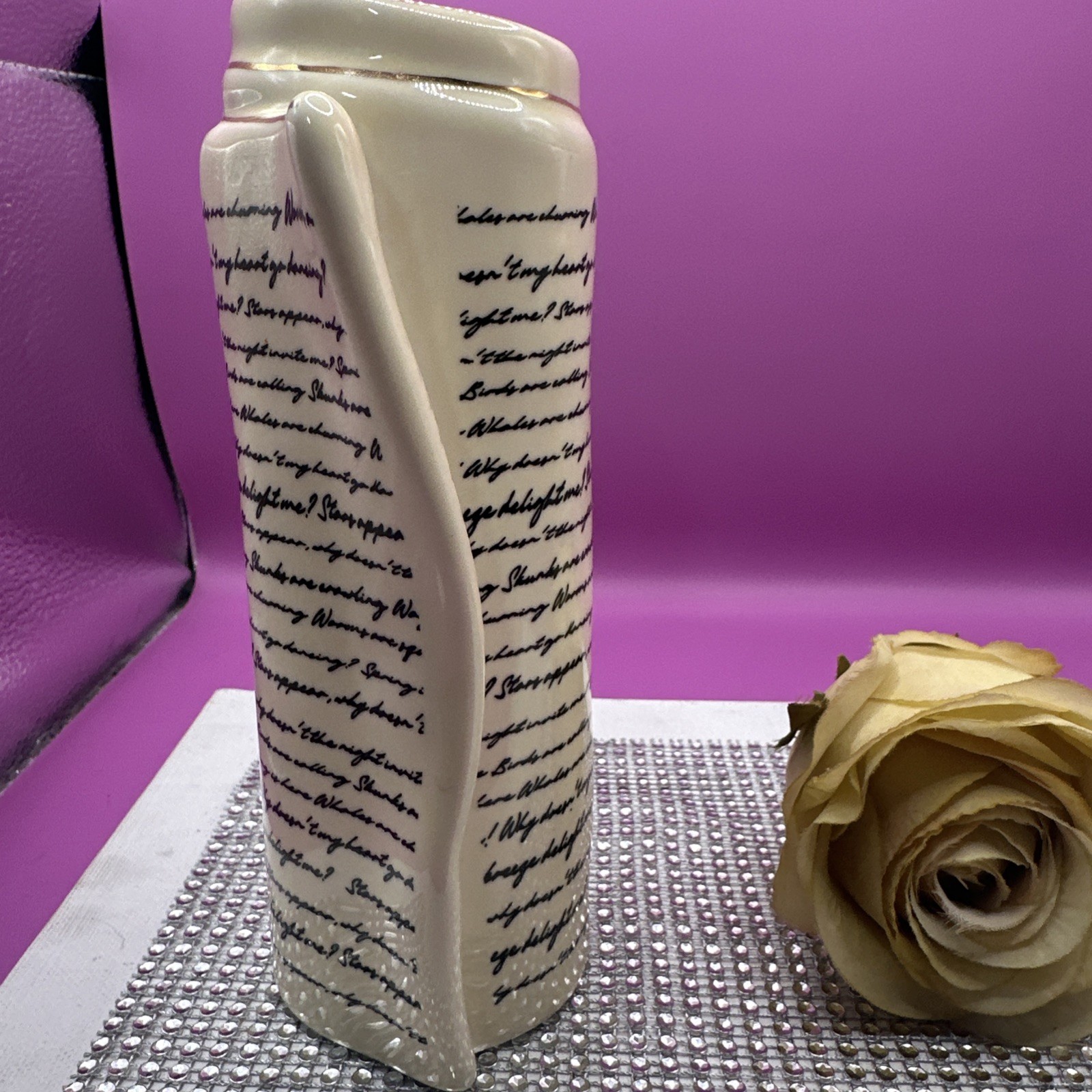 Ceramic Vase Script Scroll Design Gold Accent on Rim Beautiful! gallery