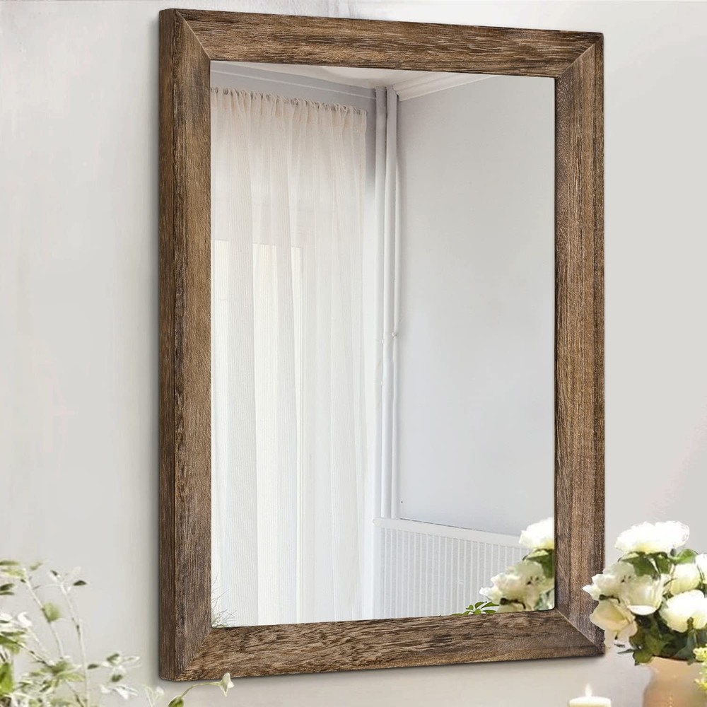 Rustic Wood Mirror Rectangle Decorative Wall Mirrors with Frame for Bedroom