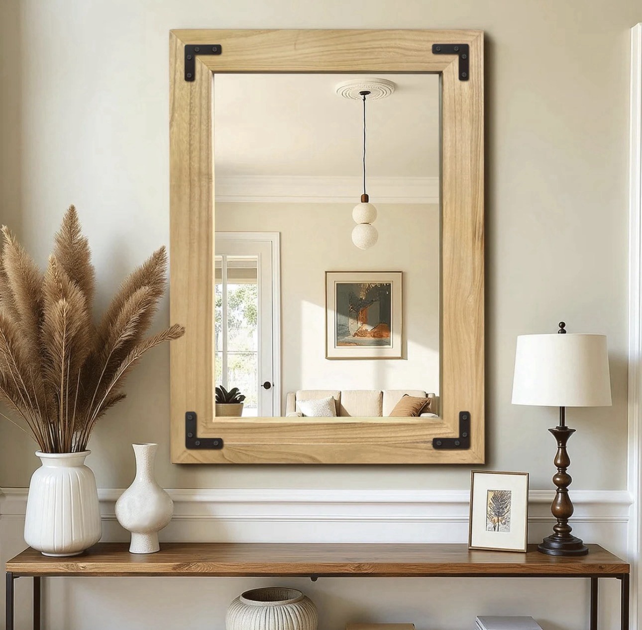 Rustic Light Brown Wood Framed Rectangle Accent Mirror Wall Mounted for Entryway gallery