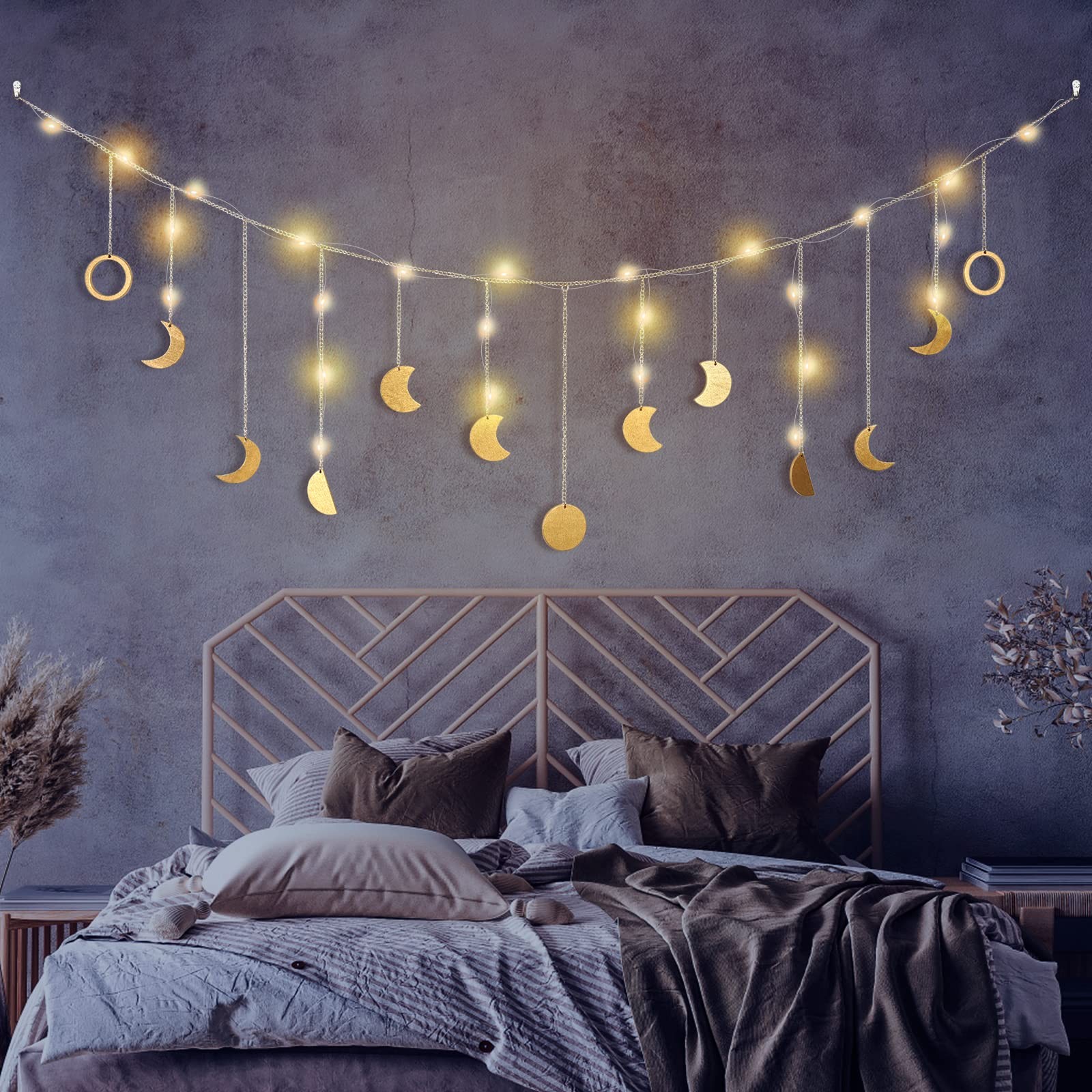 Moon Phase Wall Decor with String Light, 13 Gold Wood Boho Wall Hanging Decor... gallery