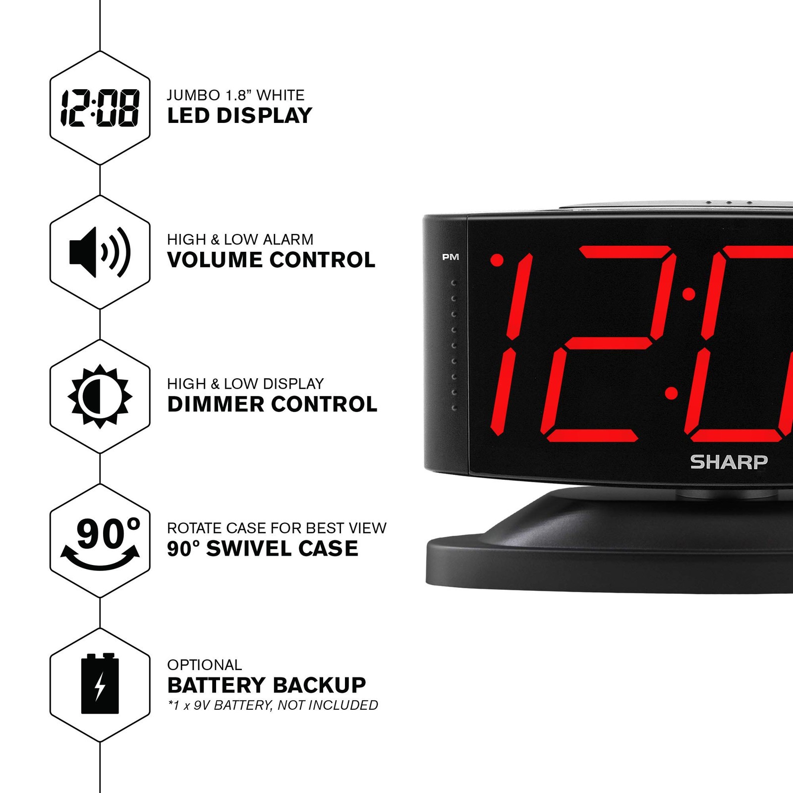Sharp Home LED Digital Alarm Clock – Swivel Base Small, Red Led - Black Case gallery