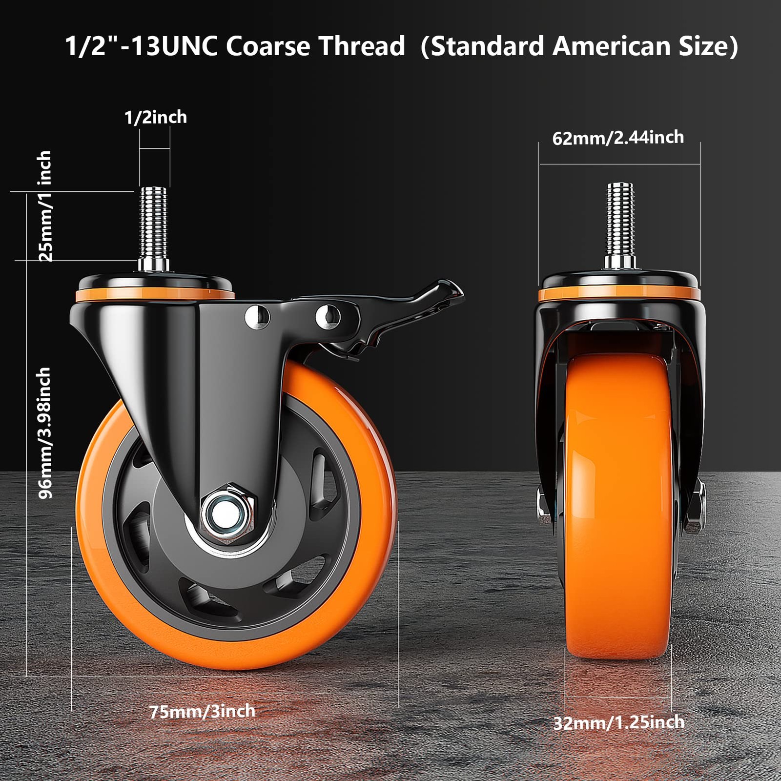 3 Inch Caster Wheels 2200Lbs Threaded Stem Casters Set of 4 Heavy Duty 1/2"-1... gallery