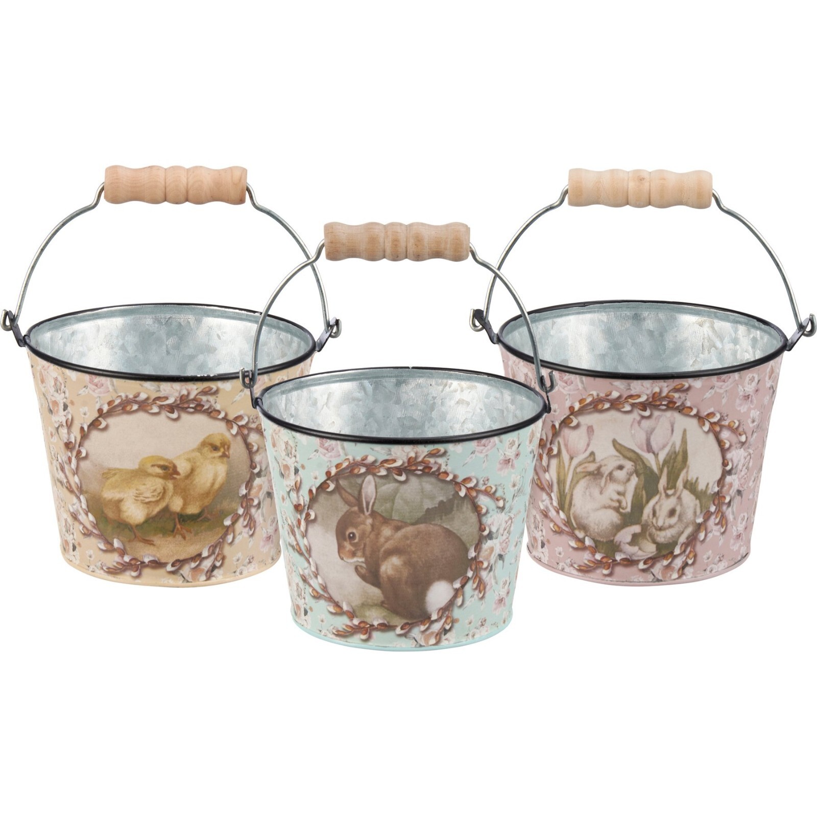Primitives by Kathy Retro Easter Bucket Set of 3 Spring Metal Bunny Chick Decor gallery