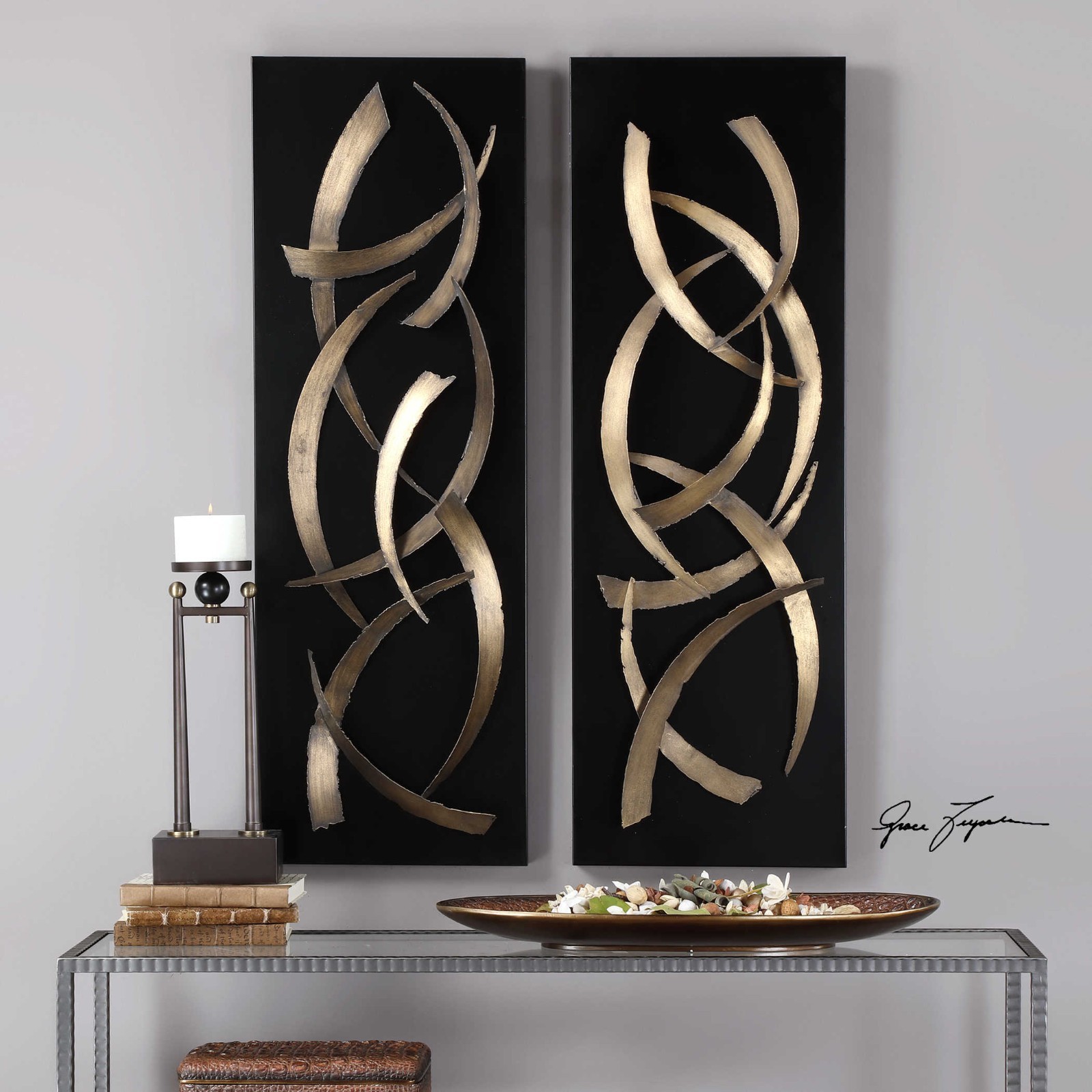 TWO ABSTRACT 47" CUT METAL MODERN ART WALL PANELS BRUSHED GOLD & BLACK 04139 gallery