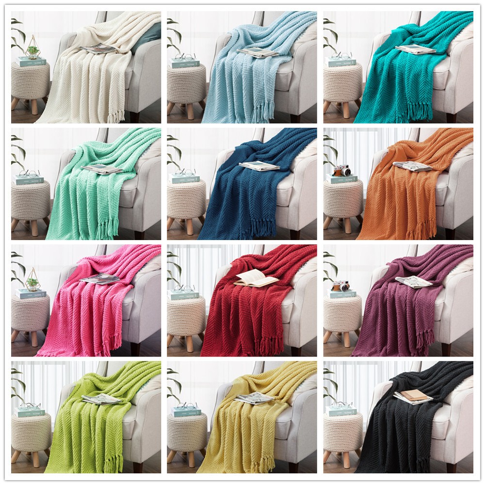 Textured Knit Throw Blanket with Tassels Soft Cozy Blanket for Couch Bed Home