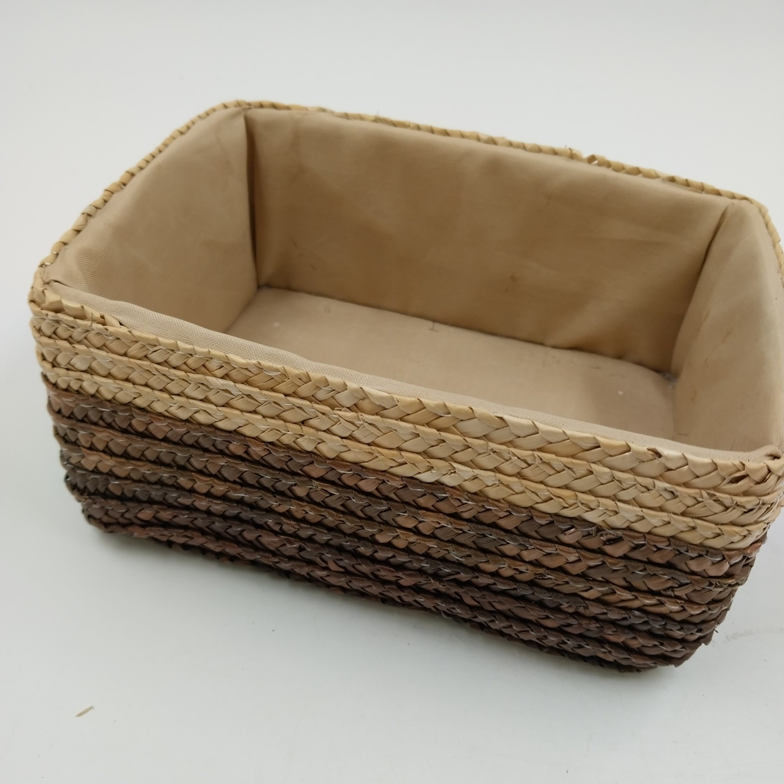 Handwoven Rattan Storage Basket Two Tone Rectangular Lined Organizer 7" gallery