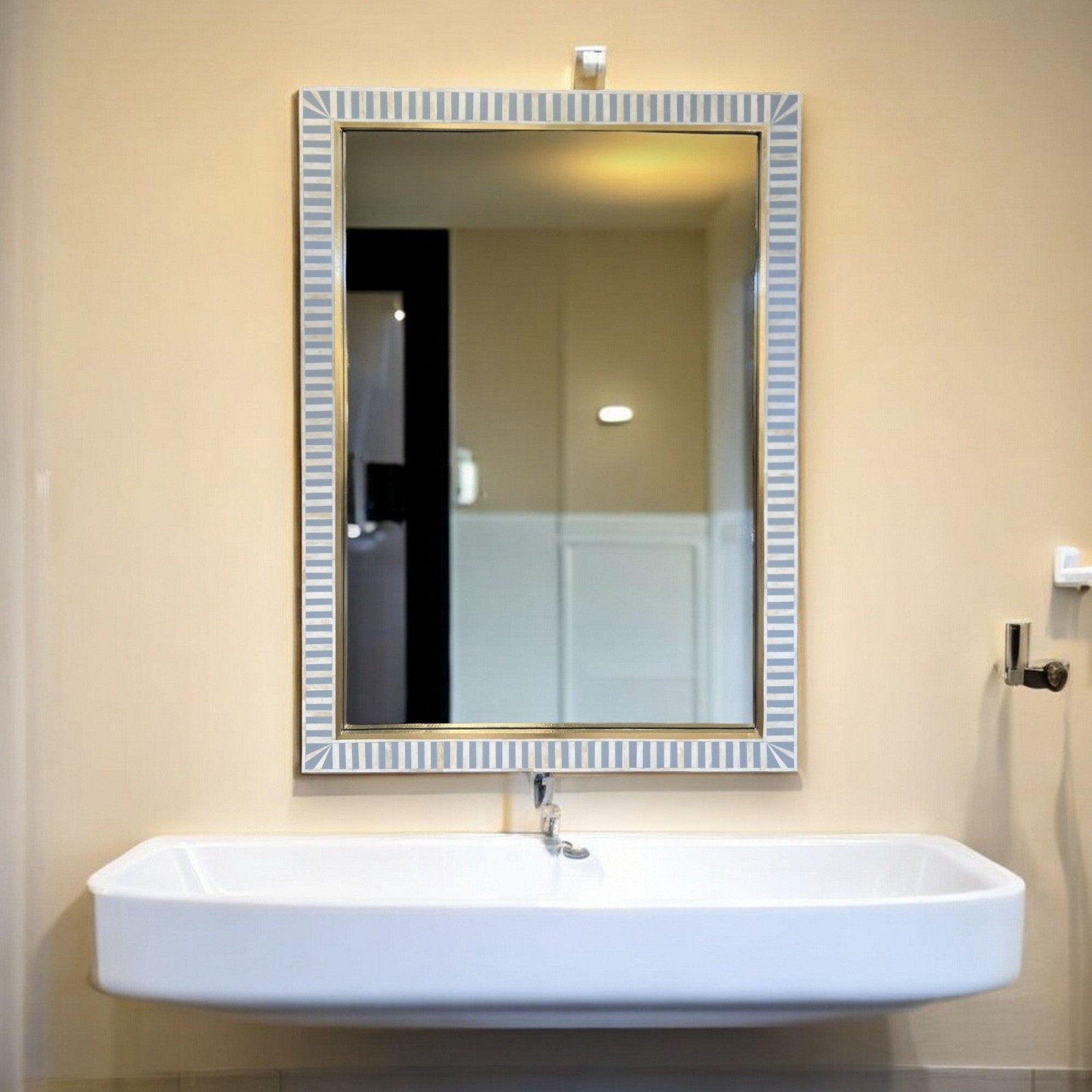 Handmade Brass Stripe Bone Inlay Mirror – Grey Wall Decor gallery