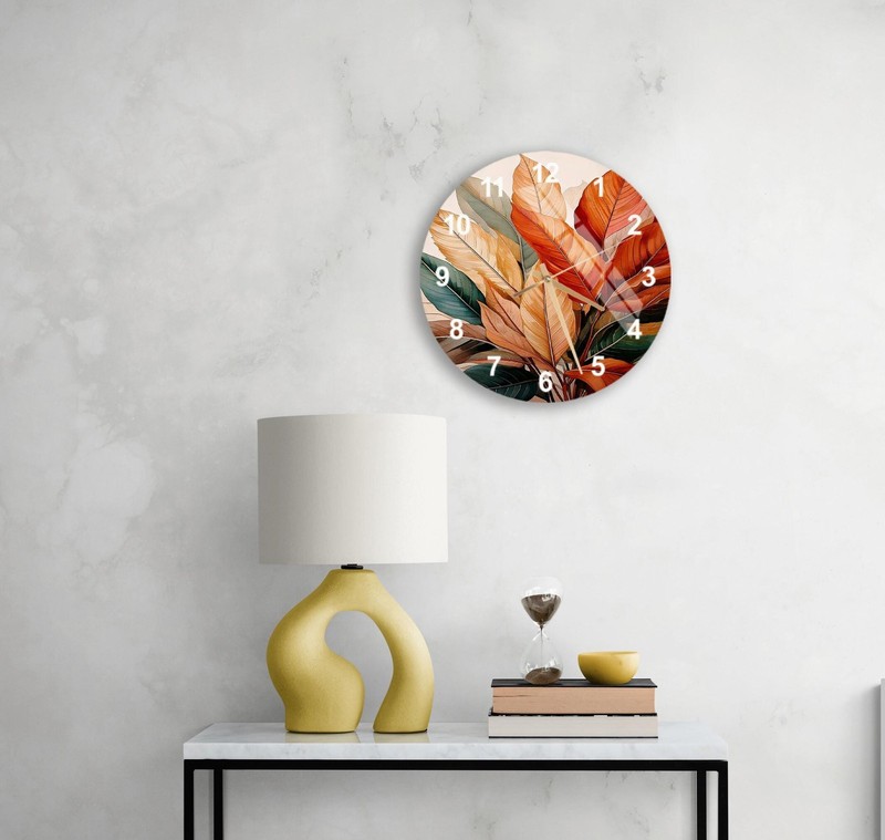 Autumn Botanical Wall Clock Modern Leaf Art, Minimalist Boho Green Orange Beige gallery
