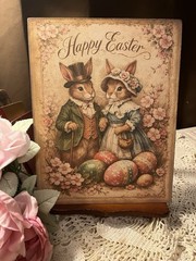 Bunny Rabbit Couple, Happy Easter, Handcrafted Plaque / Sign