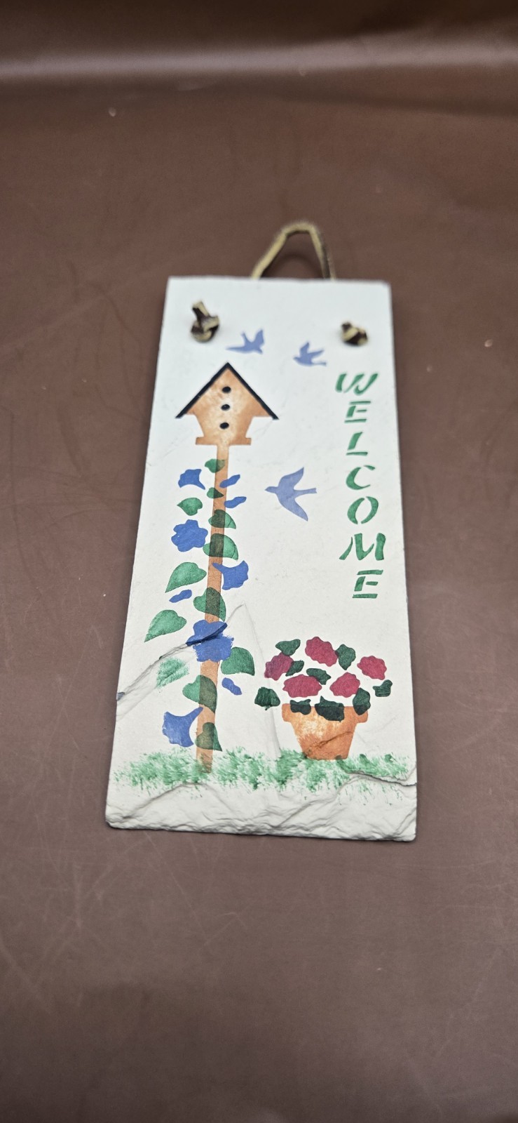 Small Cottagecore Hand Painted Slate Wall Plaque Welcome-Bird House-Flowers gallery