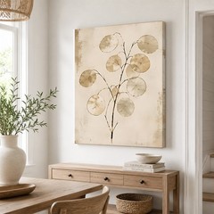 Large Boho Botanical Canvas Wall Art Money Plant Print Beige Neutral Decor