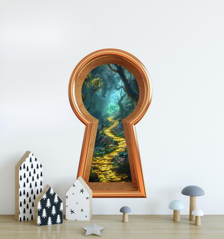 3D Keyhole Removable Wall Decal - Yellow Brick Road to Emerald Castle at Night gallery