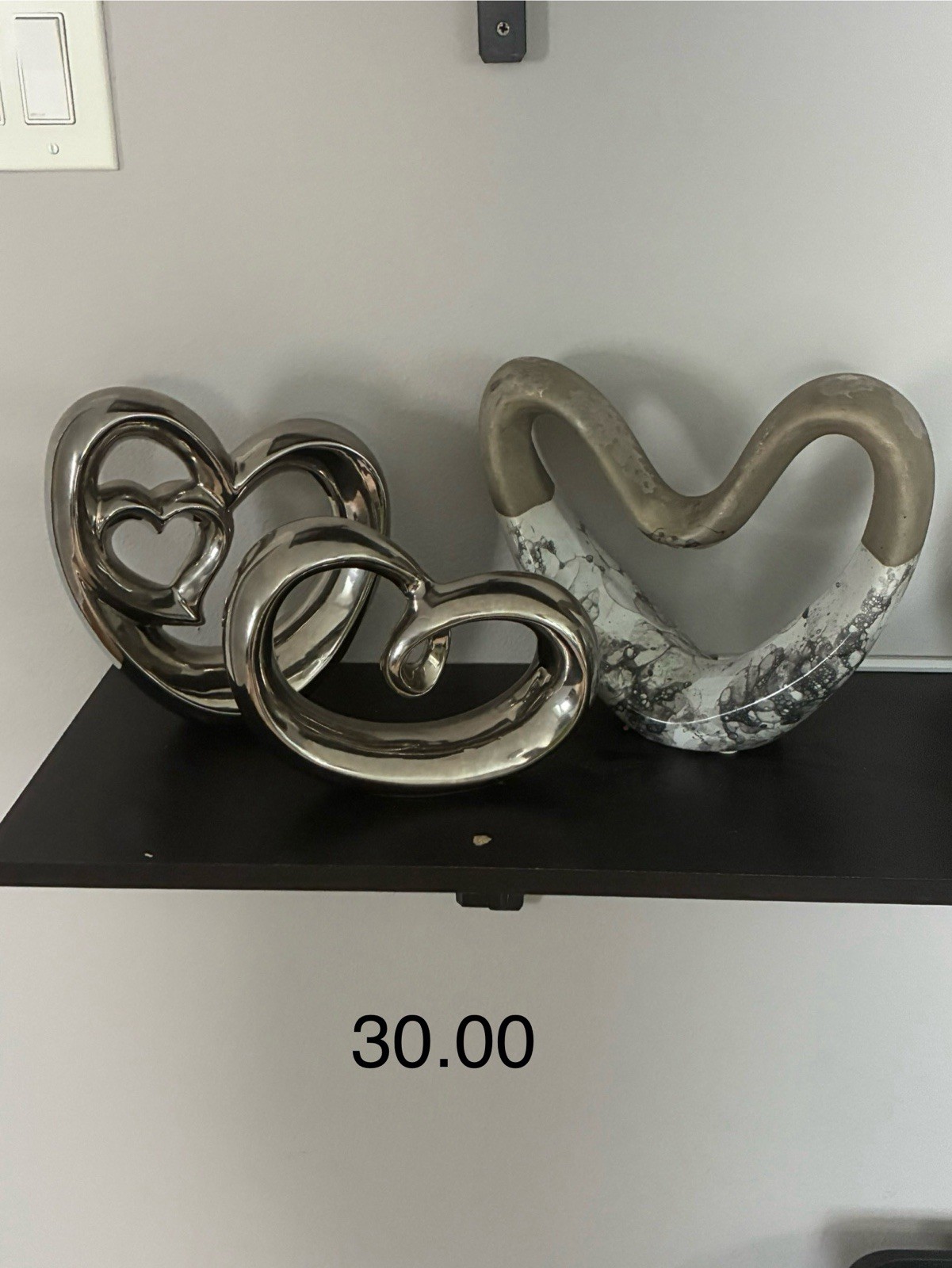 2-Piece Abstract Heart Sculpture Set, Free Standing Metal, Silver/Gray/White gallery