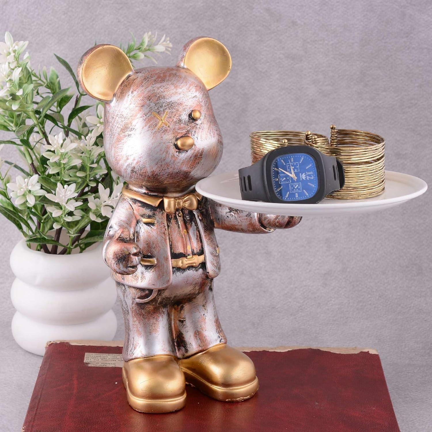 Teddy Bear Bronze Silver Showpiece with Tray | Bear Statue Home Decor gallery