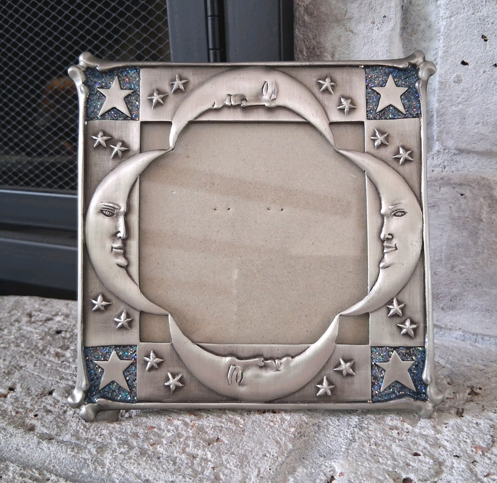 Celestial Moon Stars Picture Frame Pewter Tone Epoxy Glitter Accent 4.5×4.5" gallery