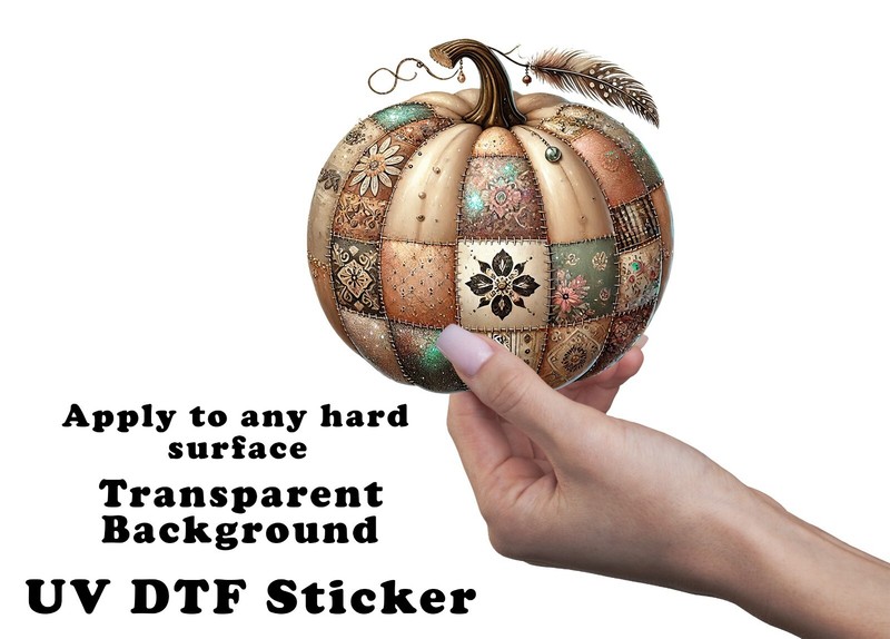 Boho Patchwork Pumpkin Fall UV DTF Transparent Sticker / Decal gallery