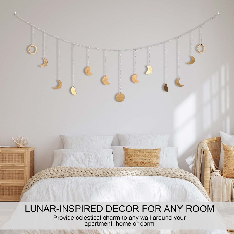 Moon Phase Wall Decor with String Light, 13 Gold Wood Boho Wall Hanging Decor... gallery