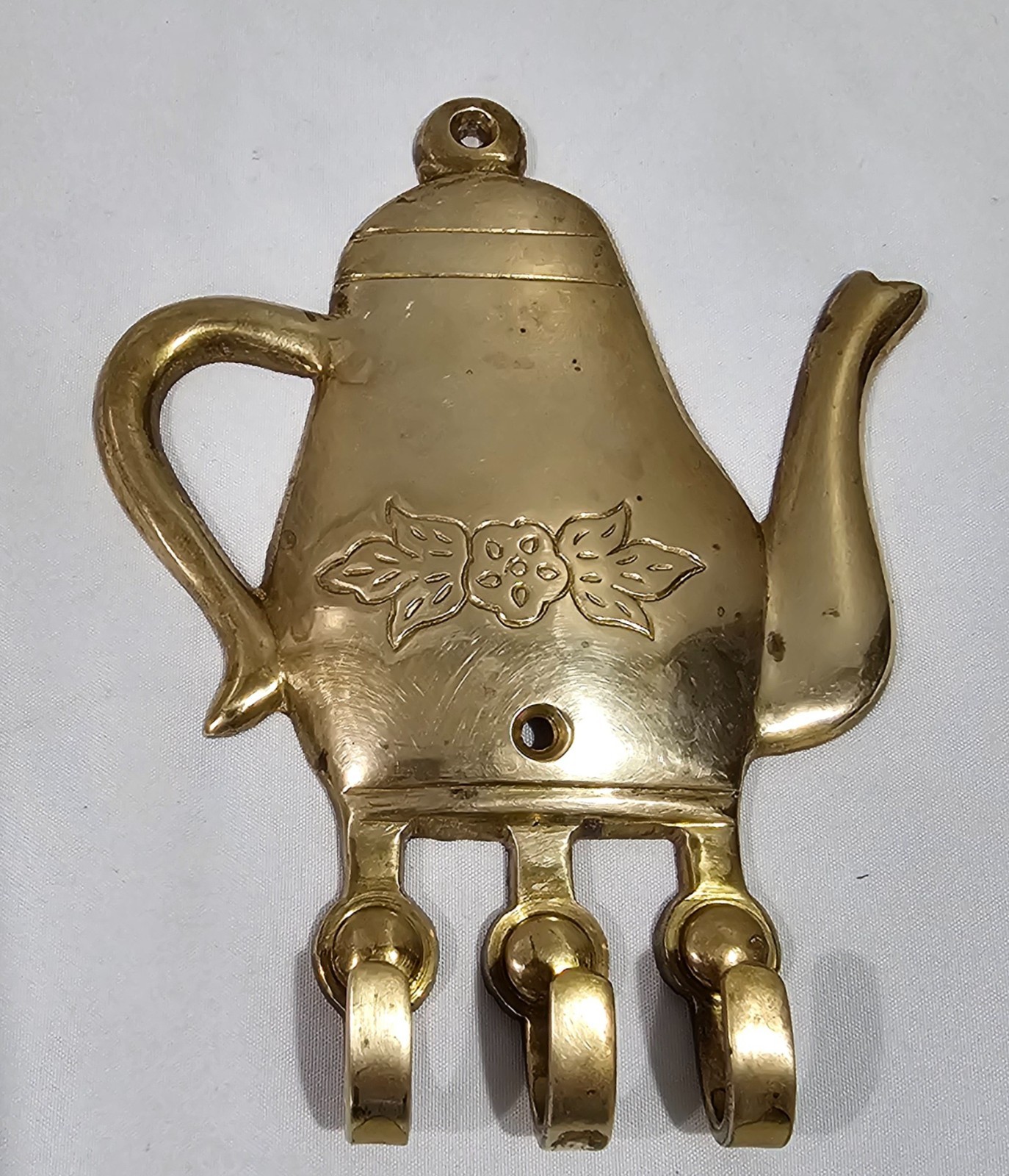 Brass Teapot Wall Hook Decorative Kitchen Key or Hotpad Holder 3 Hooks Vintage gallery