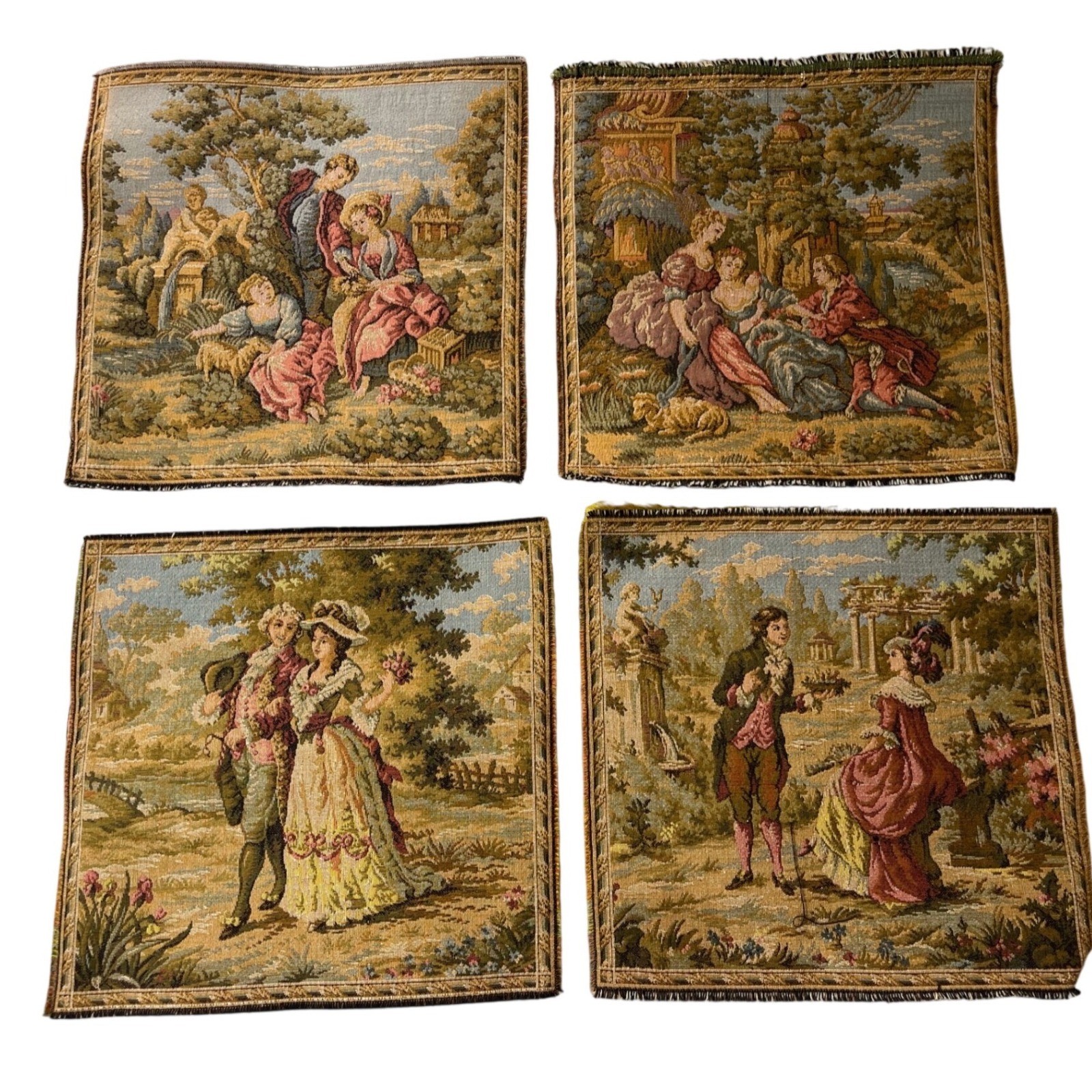 Vtg Baroque Rococo Pastoral Tapestry Swatch 10 x 10" France Mid Century set of 4 gallery