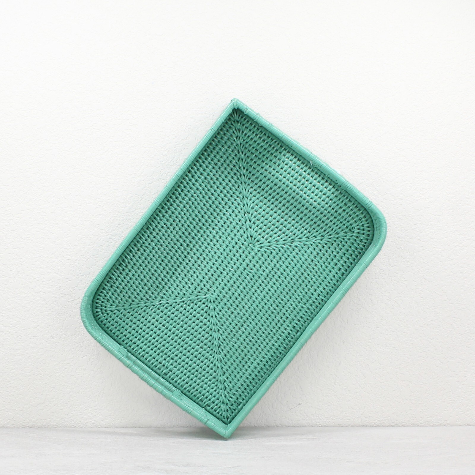 Leaf Shaped Mixed Texture Rattan Tray with Handles, Luxury Home Decor, Turquoise gallery