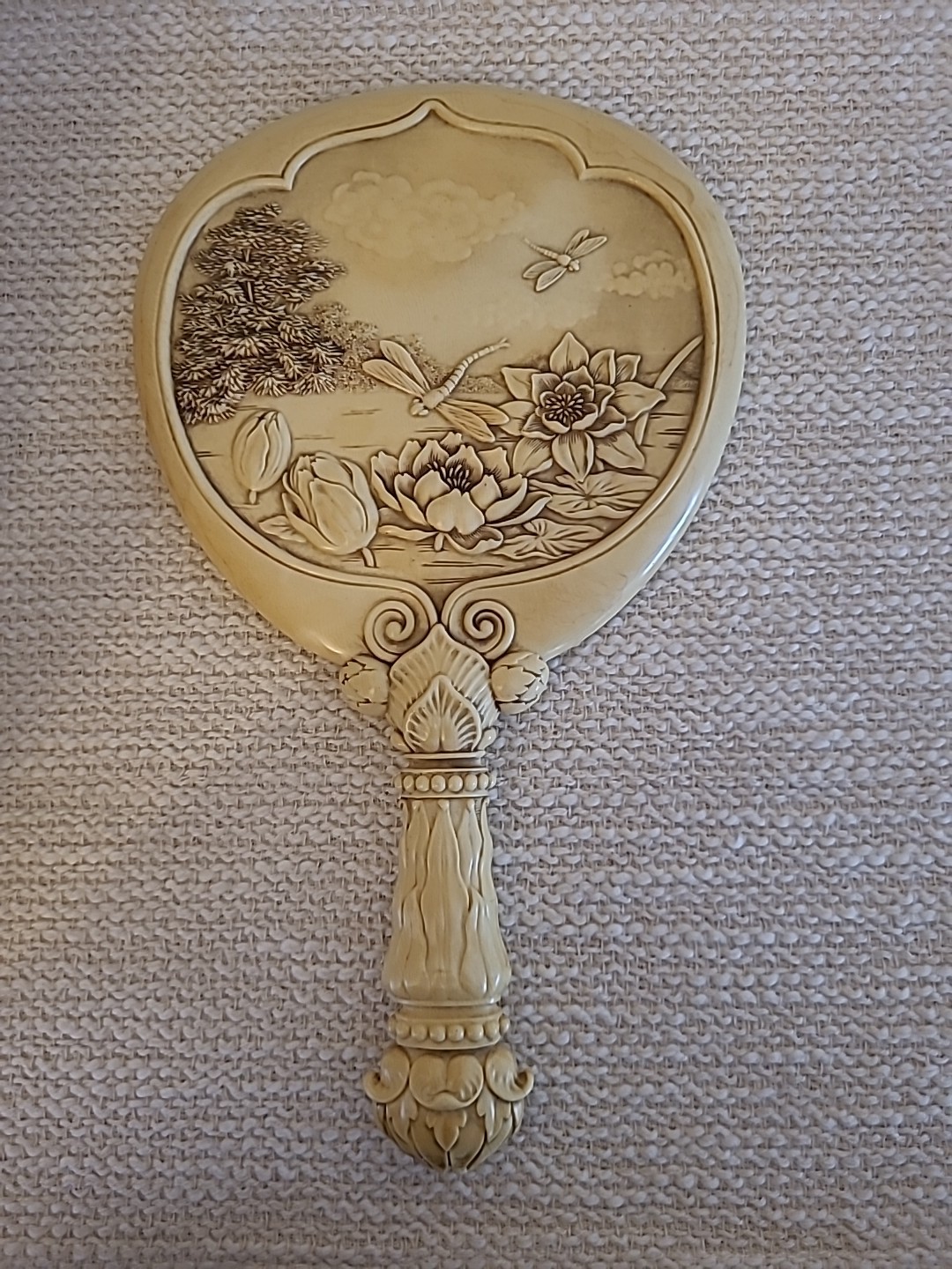 Vtg Celluloid Hand Mirror With Embossed Dragonflies and Waterlilies 10" gallery